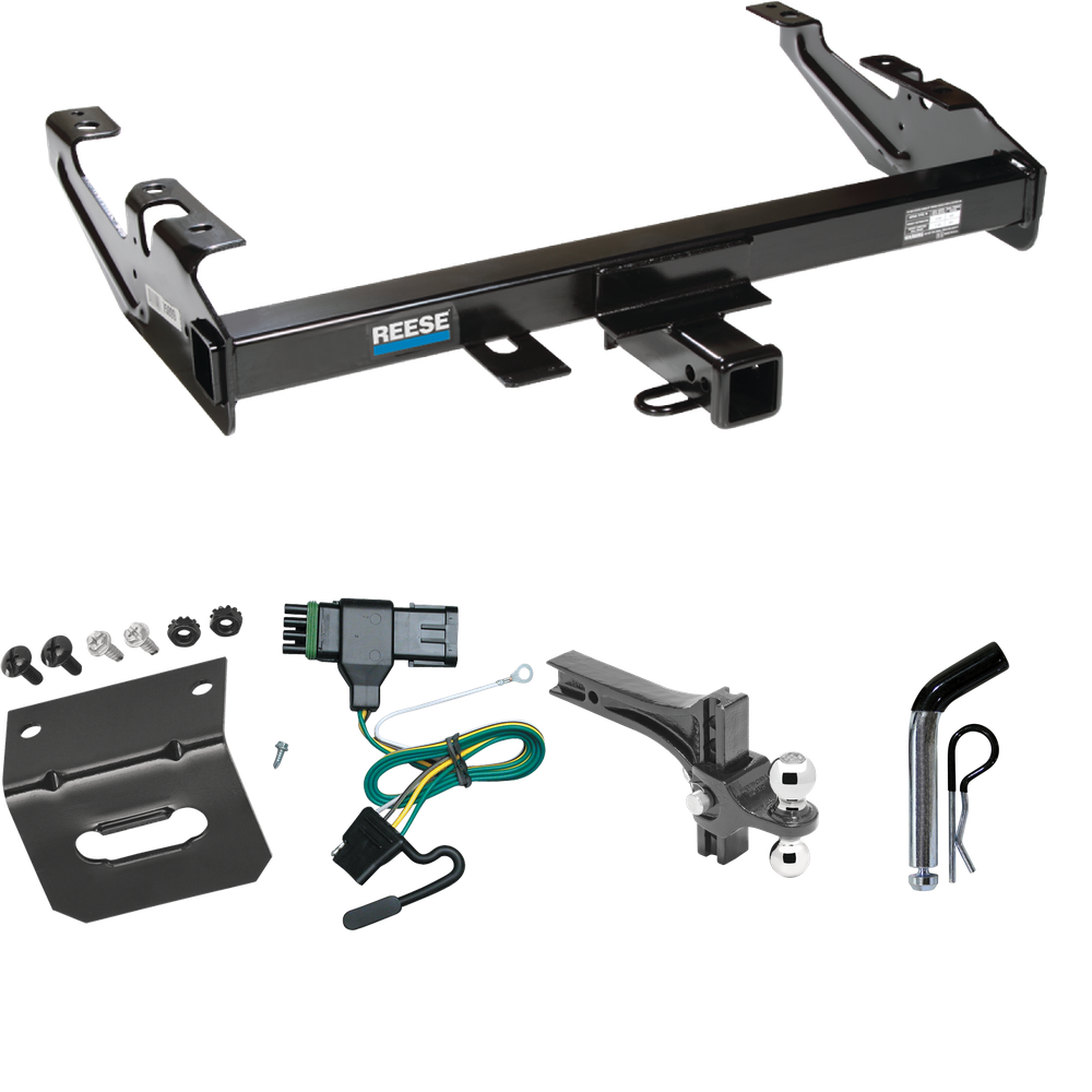 Fits 1988-1999 Chevrolet K2500 Trailer Hitch Tow PKG w/ 4-Flat Wiring Harness + Dual Adjustable Drop Rise Ball Ball Mount 2" & 2-5/16" Trailer Balls + Pin/Clip + Wiring Bracket (For Regular & Extended Cabs Models) By Reese Towpower