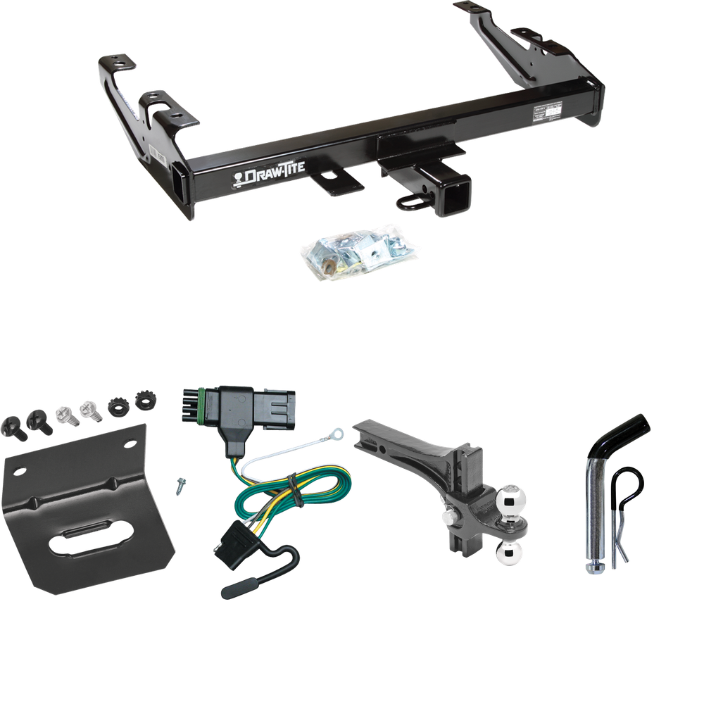 Fits 1988-1999 Chevrolet C2500 Trailer Hitch Tow PKG w/ 4-Flat Wiring Harness + Dual Adjustable Drop Rise Ball Ball Mount 2" & 2-5/16" Trailer Balls + Pin/Clip + Wiring Bracket (For Regular & Extended Cabs Models) By Draw-Tite