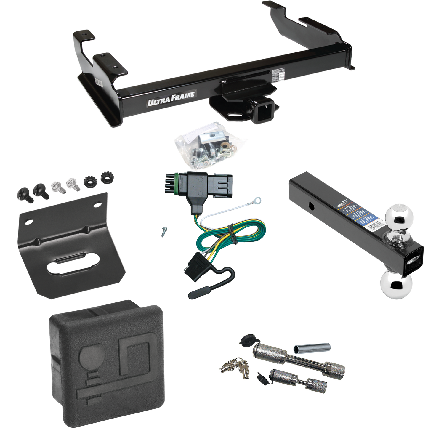 Fits 1988-2000 GMC C3500 Trailer Hitch Tow PKG w/ 4-Flat Wiring Harness + Dual Ball Ball Mount 2" & 2-5/16" Trailer Balls + Dual Hitch & Coupler Locks + Hitch Cover + Wiring Bracket By Draw-Tite