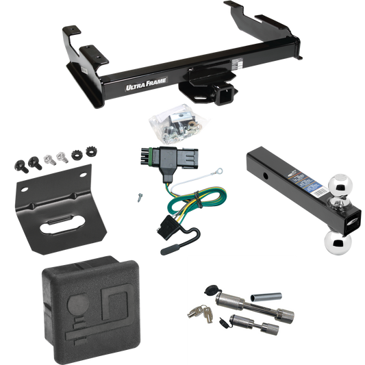 Fits 1988-2000 GMC C3500 Trailer Hitch Tow PKG w/ 4-Flat Wiring Harness + Dual Ball Ball Mount 2" & 2-5/16" Trailer Balls + Dual Hitch & Coupler Locks + Hitch Cover + Wiring Bracket By Draw-Tite