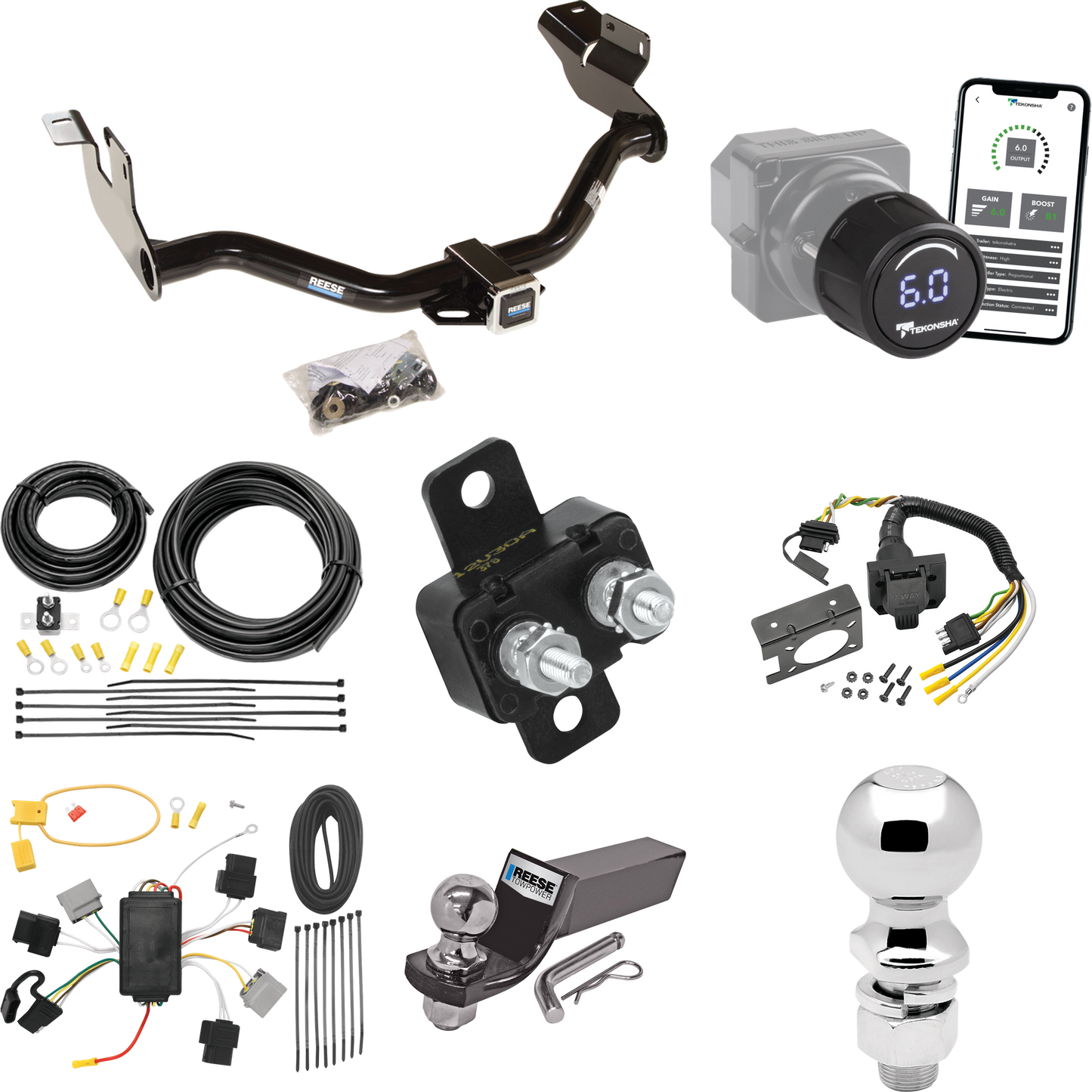 Fits 2005-2006 Mazda Tribute Trailer Hitch Tow PKG w/ Tekonsha Prodigy iD Bluetooth Wireless Brake Control + 7-Way RV Wiring + 2" & 2-5/16" Ball & Drop Mount By Reese Towpower