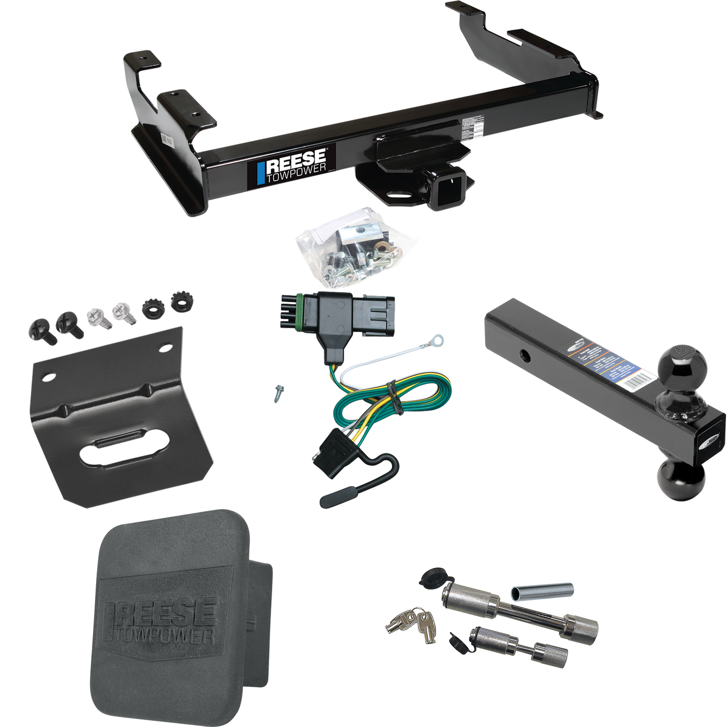 Fits 1992-2000 Chevrolet K3500 Trailer Hitch Tow PKG w/ 4-Flat Wiring Harness + Dual Ball Ball Mount 2" & 2-5/16" Trailer Balls + Dual Hitch & Coupler Locks + Hitch Cover + Wiring Bracket (For Crew Cab Models) By Reese Towpower