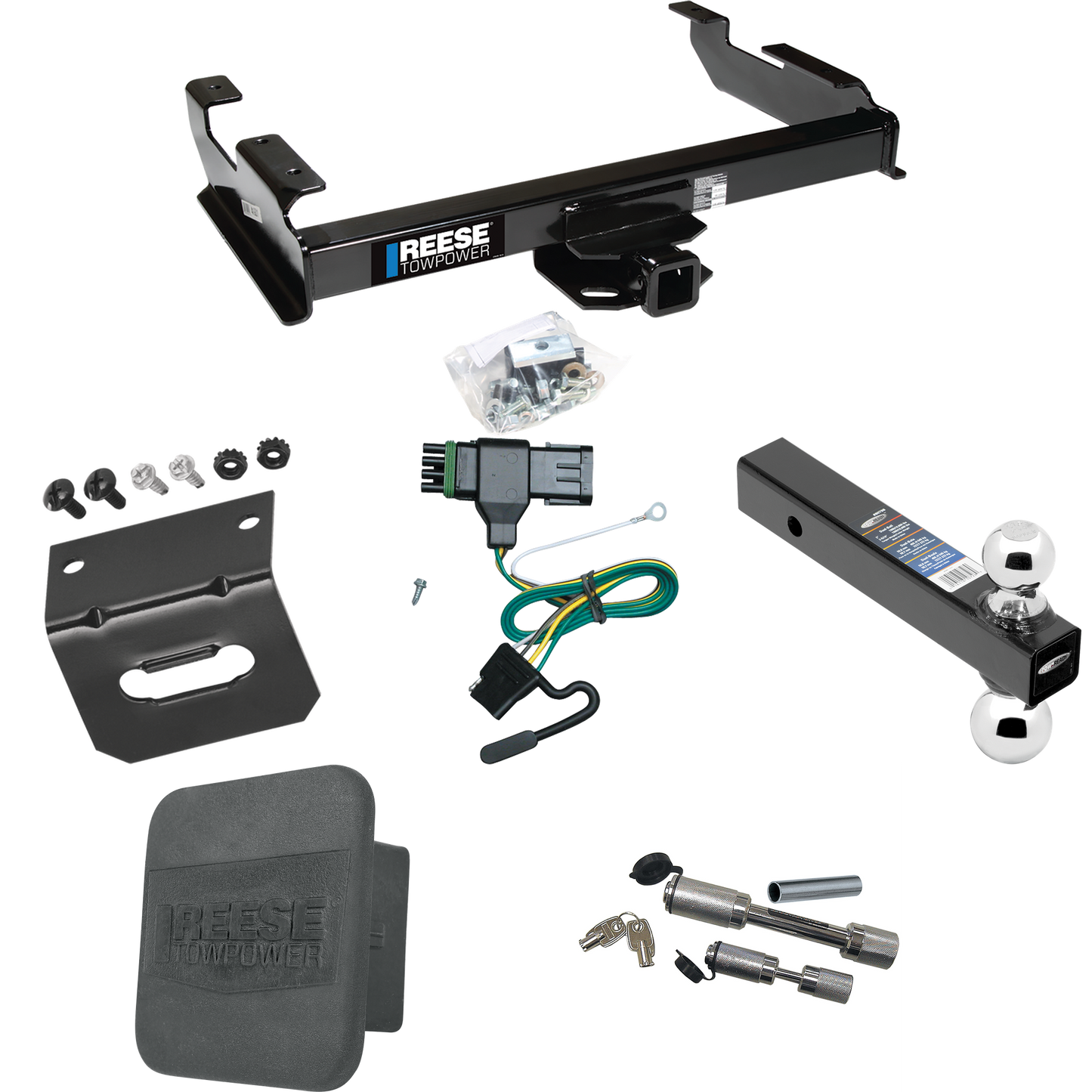 Fits 1992-2000 Chevrolet K2500 Trailer Hitch Tow PKG w/ 4-Flat Wiring Harness + Dual Ball Ball Mount 2" & 2-5/16" Trailer Balls + Dual Hitch & Coupler Locks + Hitch Cover + Wiring Bracket (For Crew Cab Models) By Reese Towpower