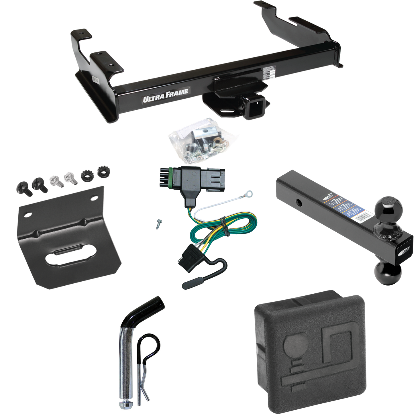 Fits 1992-2000 Chevrolet C3500 Trailer Hitch Tow PKG w/ 4-Flat Wiring Harness + Dual Ball Ball Mount 2" & 2-5/16" Trailer Balls + Pin/Clip + Hitch Cover + Wiring Bracket (For Crew Cab Models) By Draw-Tite