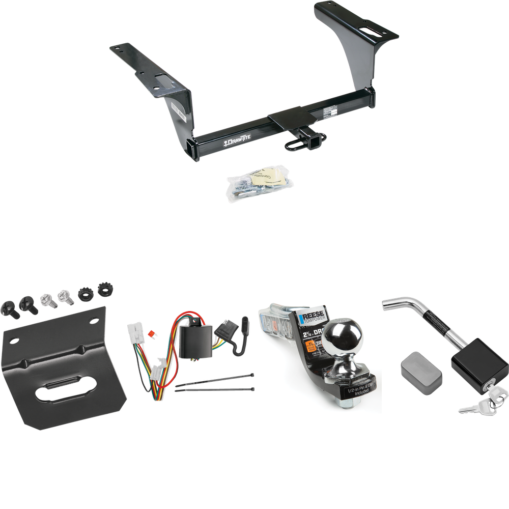 Fits 2010-2019 Subaru Outback Trailer Hitch Tow PKG w/ 4-Flat Wiring Harness + Interlock Starter Kit w/ 2" Ball 2-1/2" Drop 2" Rise + Wiring Bracket + Hitch Lock (For Wagon, Except Sport Models) By Draw-Tite