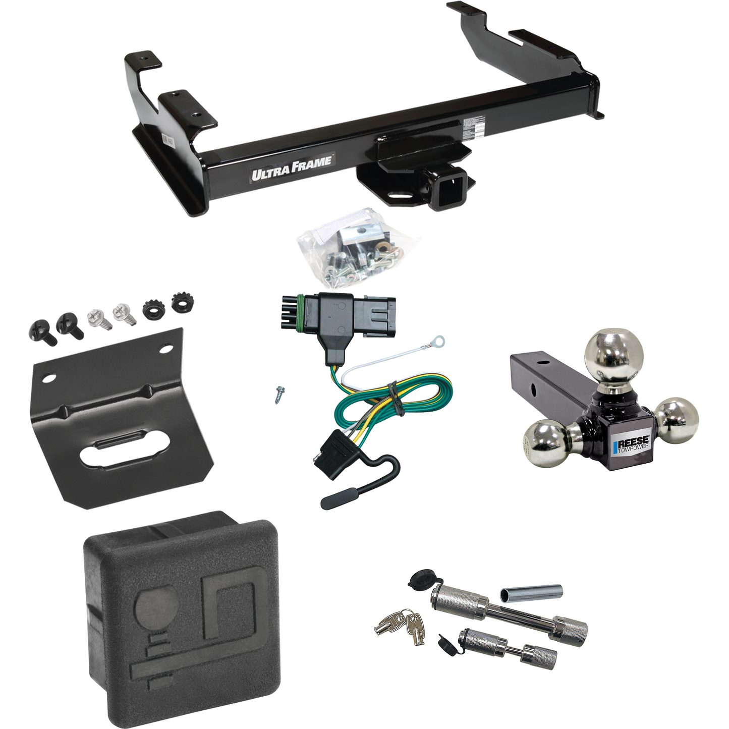 Fits 1988-1999 GMC K1500 Trailer Hitch Tow PKG w/ 4-Flat Wiring Harness + Triple Ball Ball Mount 1-7/8" & 2" & 2-5/16" Trailer Balls + Dual Hitch & Coupler Locks + Hitch Cover + Wiring Bracket By Draw-Tite