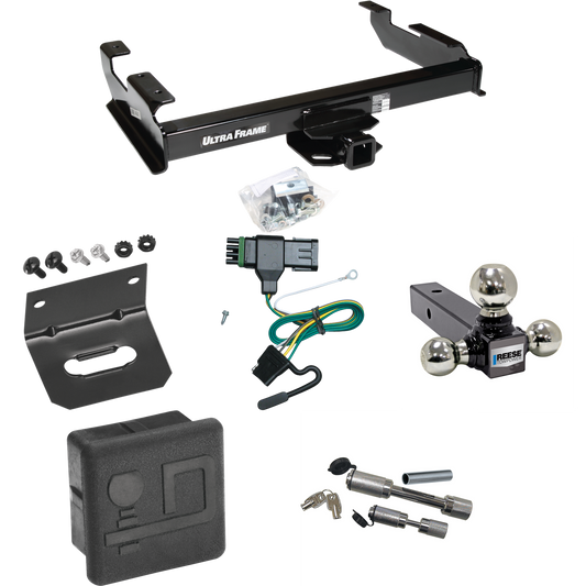 Fits 1988-1999 GMC K1500 Trailer Hitch Tow PKG w/ 4-Flat Wiring Harness + Triple Ball Ball Mount 1-7/8" & 2" & 2-5/16" Trailer Balls + Dual Hitch & Coupler Locks + Hitch Cover + Wiring Bracket By Draw-Tite