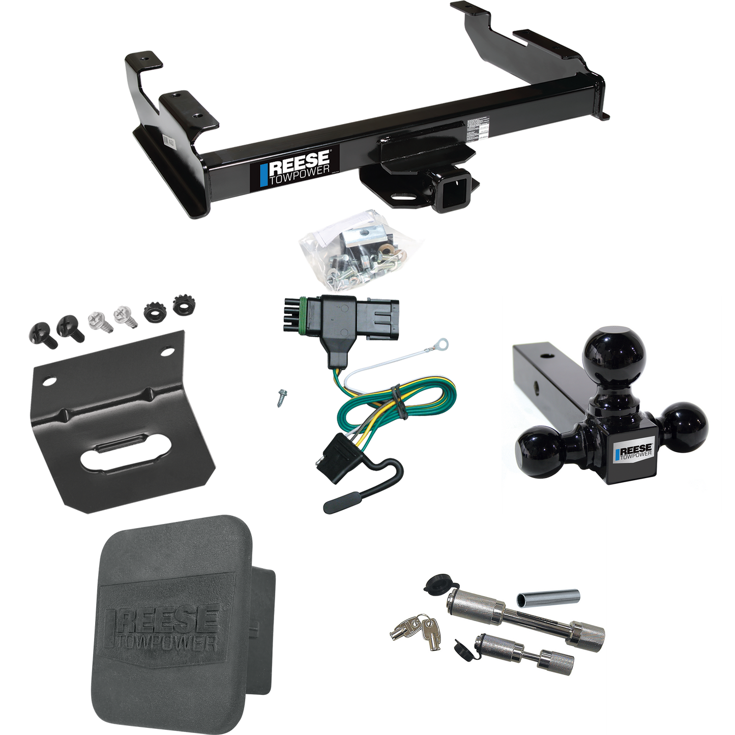 Fits 1988-2000 GMC K3500 Trailer Hitch Tow PKG w/ 4-Flat Wiring Harness + Triple Ball Ball Mount 1-7/8" & 2" & 2-5/16" Trailer Balls + Dual Hitch & Coupler Locks + Hitch Cover + Wiring Bracket By Reese Towpower