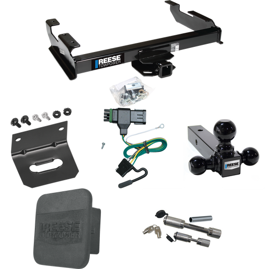 Fits 1988-2000 GMC K3500 Trailer Hitch Tow PKG w/ 4-Flat Wiring Harness + Triple Ball Ball Mount 1-7/8" & 2" & 2-5/16" Trailer Balls + Dual Hitch & Coupler Locks + Hitch Cover + Wiring Bracket By Reese Towpower