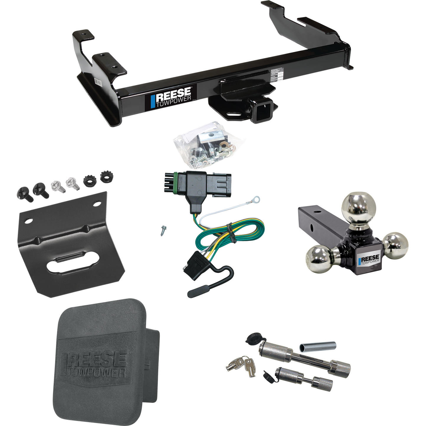 Fits 1992-2000 Chevrolet K2500 Trailer Hitch Tow PKG w/ 4-Flat Wiring Harness + Triple Ball Ball Mount 1-7/8" & 2" & 2-5/16" Trailer Balls + Dual Hitch & Coupler Locks + Hitch Cover + Wiring Bracket (For Crew Cab Models) By Reese Towpower