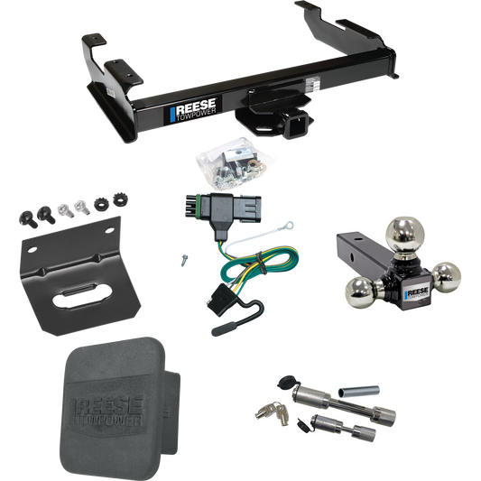 Fits 1992-2000 Chevrolet K2500 Trailer Hitch Tow PKG w/ 4-Flat Wiring Harness + Triple Ball Ball Mount 1-7/8" & 2" & 2-5/16" Trailer Balls + Dual Hitch & Coupler Locks + Hitch Cover + Wiring Bracket (For Crew Cab Models) By Reese Towpower