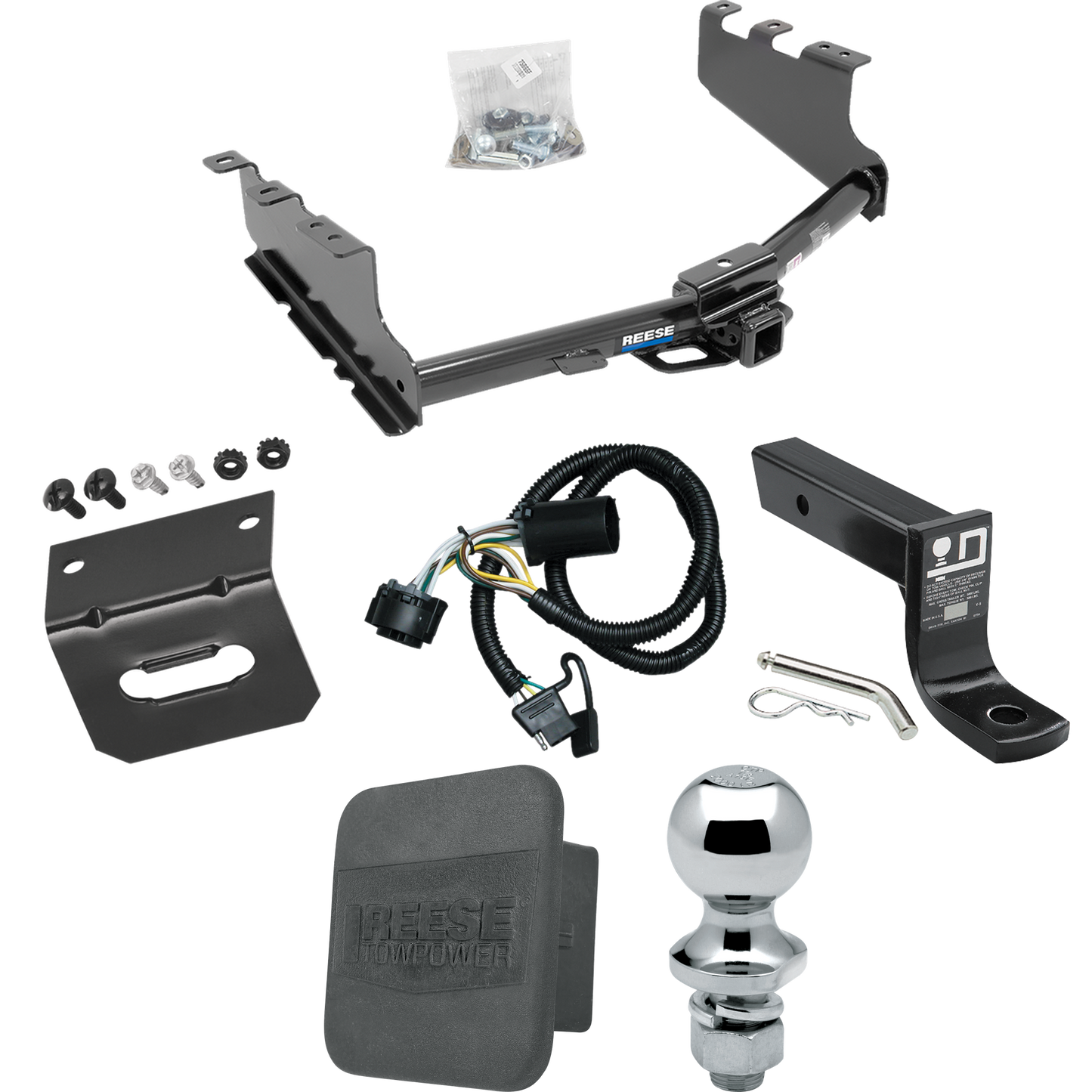 Se adapta al paquete de enganche de remolque GMC Sierra 1500 LD (cuerpo antiguo) 2019-2019 con 4 cables planos + soporte de bola con caída de 4" + bola de 1-7/8" + soporte de cableado + cubierta de enganche de Reese Towpower