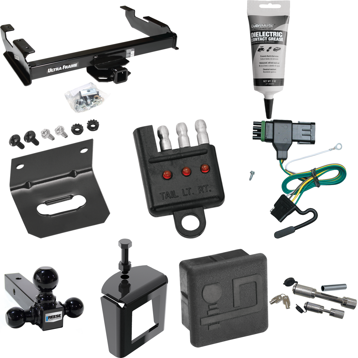 Fits 1988-1999 GMC K1500 Trailer Hitch Tow PKG w/ 4-Flat Wiring Harness + Triple Ball Ball Mount 1-7/8" & 2" & 2-5/16" Trailer Balls + Dual Hitch & Coupler Locks + Hitch Cover + Wiring Bracket + Wiring Tester + Electric Grease + Anti Rattle Device By