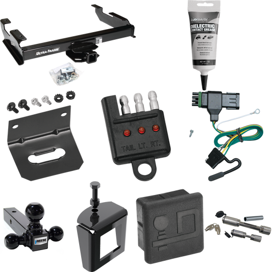 Fits 1988-1999 GMC K1500 Trailer Hitch Tow PKG w/ 4-Flat Wiring Harness + Triple Ball Ball Mount 1-7/8" & 2" & 2-5/16" Trailer Balls + Dual Hitch & Coupler Locks + Hitch Cover + Wiring Bracket + Wiring Tester + Electric Grease + Anti Rattle Device By