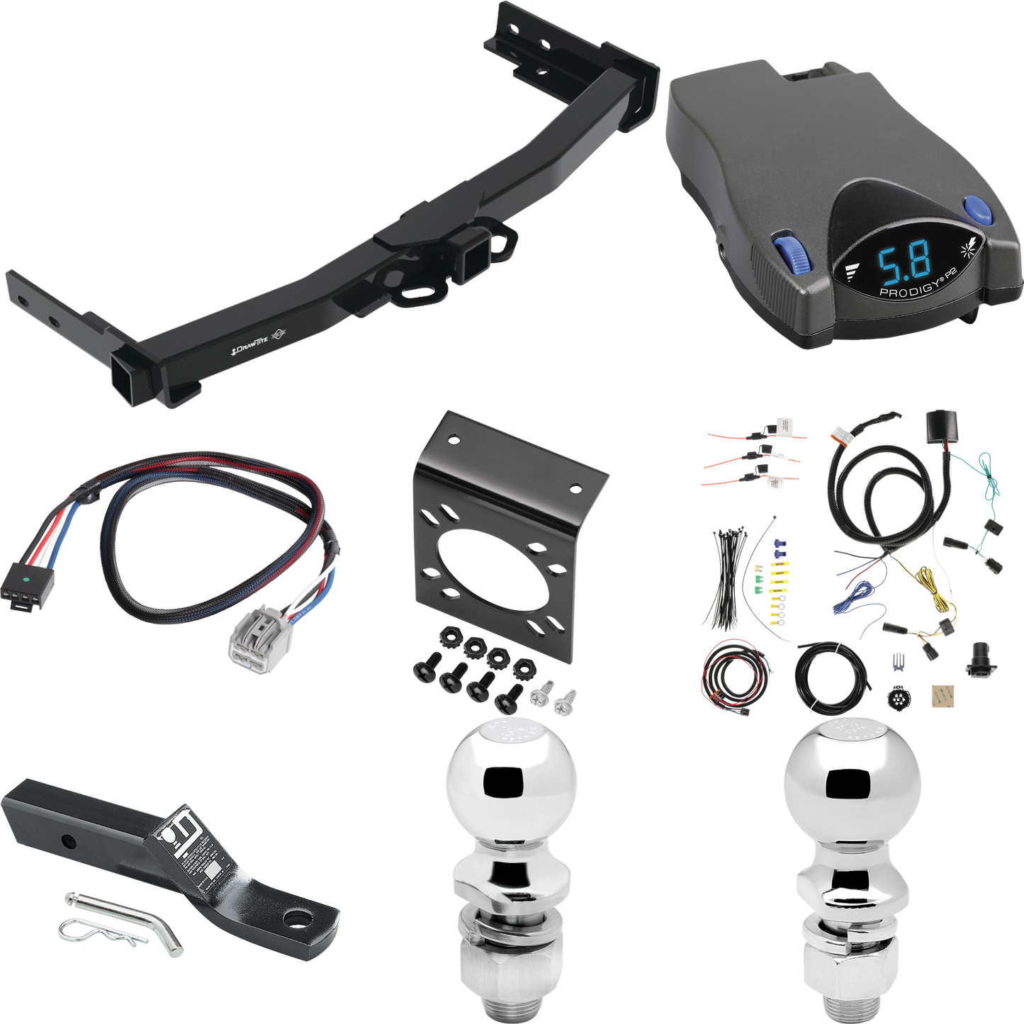 Se adapta al paquete de enganche de remolque Jeep Grand Cherokee L 2021-2023 con control de freno Tekonsha Prodigy P2 + adaptador BC Plug &amp; Play + cableado RV de 7 vías + soporte de bola y caída de 2" y 2-5/16" de Draw-Tite