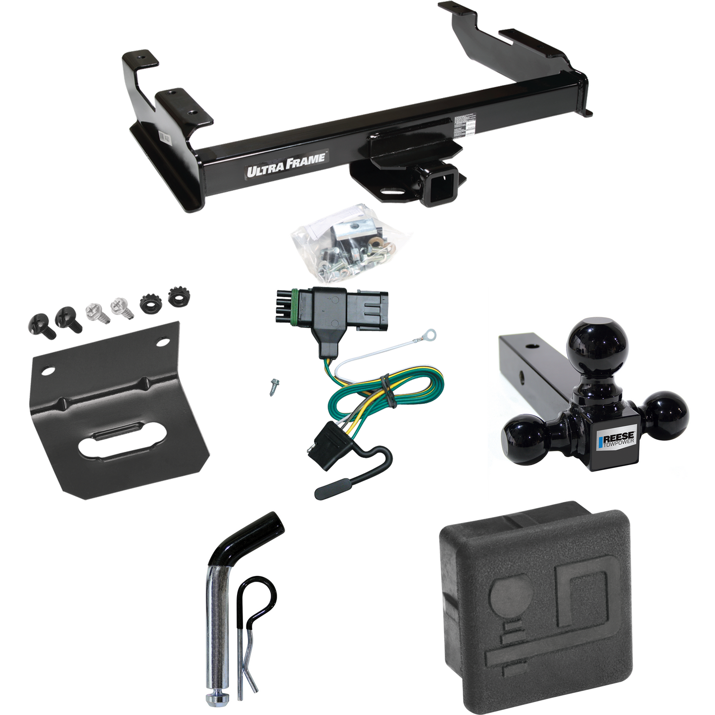 Fits 1992-2000 Chevrolet K2500 Trailer Hitch Tow PKG w/ 4-Flat Wiring Harness + Triple Ball Ball Mount 1-7/8" & 2" & 2-5/16" Trailer Balls + Pin/Clip + Hitch Cover + Wiring Bracket (For Crew Cab Models) By Draw-Tite