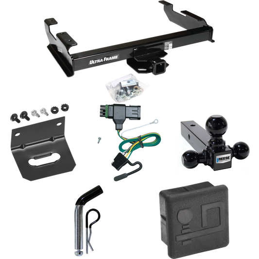 Fits 1992-2000 Chevrolet K2500 Trailer Hitch Tow PKG w/ 4-Flat Wiring Harness + Triple Ball Ball Mount 1-7/8" & 2" & 2-5/16" Trailer Balls + Pin/Clip + Hitch Cover + Wiring Bracket (For Crew Cab Models) By Draw-Tite