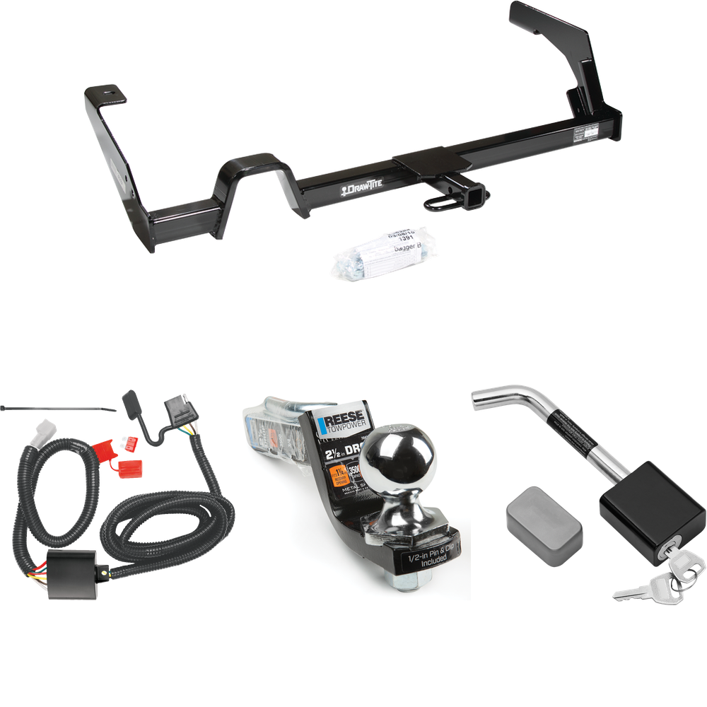 Fits 2000-2004 Subaru Outback Trailer Hitch Tow PKG w/ 4-Flat Wiring Harness + Interlock Starter Kit w/ 2" Ball 2-1/2" Drop 2" Rise + Hitch Lock (For Wagon, Except Sport Models) By Draw-Tite