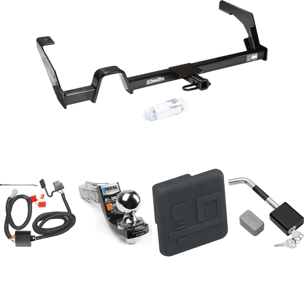 Fits 2000-2004 Subaru Outback Trailer Hitch Tow PKG w/ 4-Flat Wiring Harness + Interlock Starter Kit w/ 2" Ball 2-1/2" Drop 2" Rise + Hitch Cover + Hitch Lock (For Wagon, Except Sport Models) By Draw-Tite