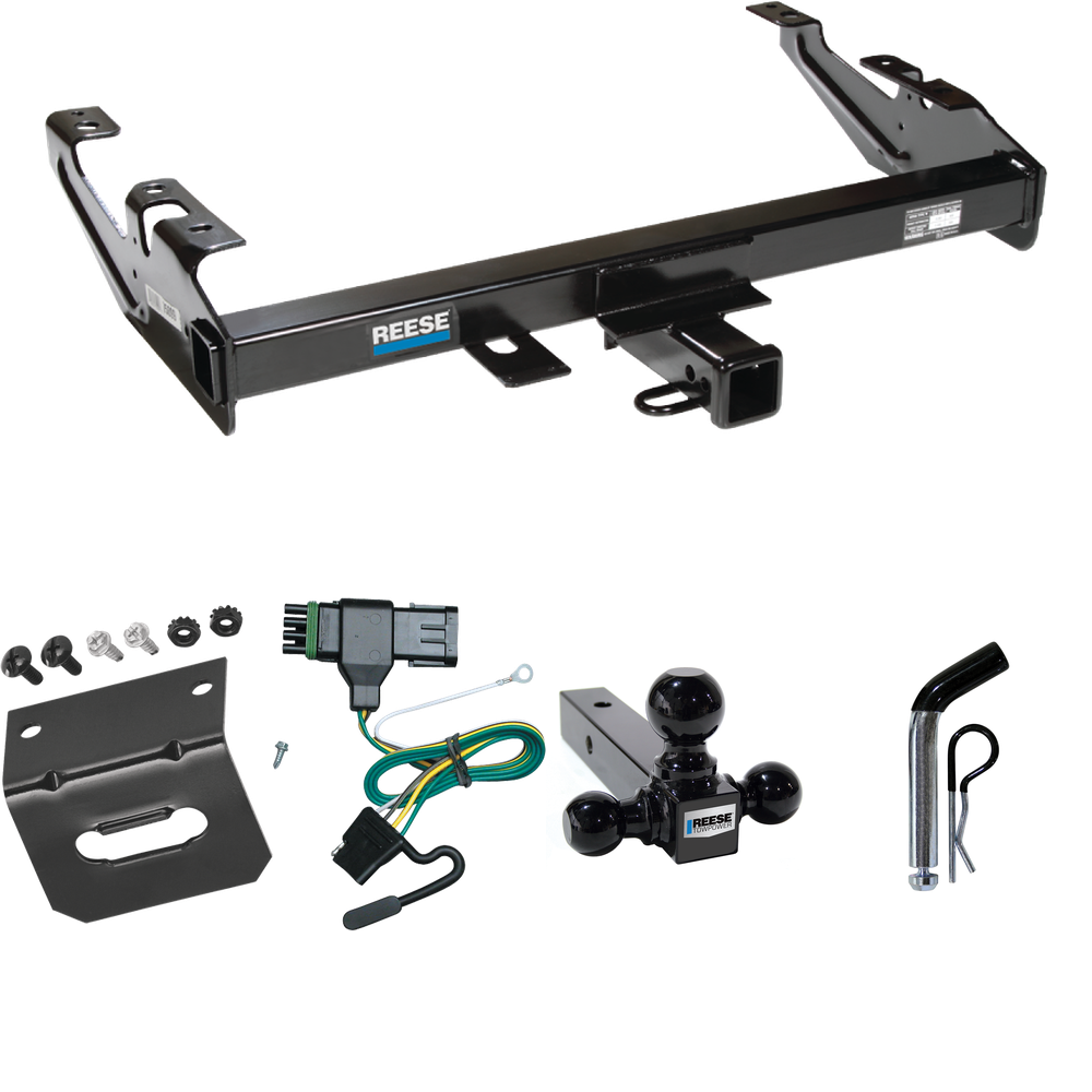 Fits 1988-1999 Chevrolet K2500 Trailer Hitch Tow PKG w/ 4-Flat Wiring Harness + Triple Ball Ball Mount 1-7/8" & 2" & 2-5/16" Trailer Balls + Pin/Clip + Wiring Bracket (For Regular & Extended Cabs Models) By Reese Towpower