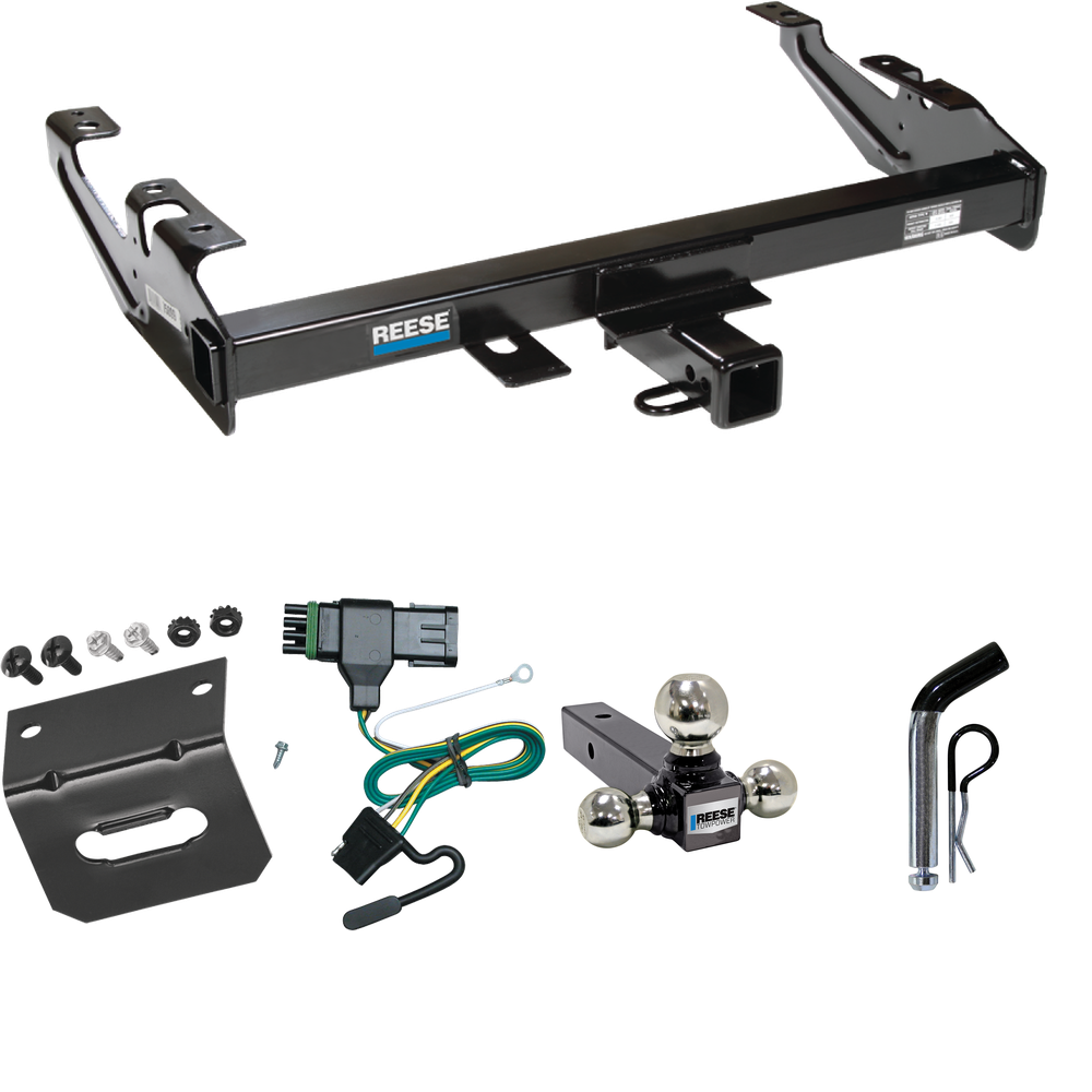 Fits 1988-2000 GMC C3500 Trailer Hitch Tow PKG w/ 4-Flat Wiring Harness + Triple Ball Ball Mount 1-7/8" & 2" & 2-5/16" Trailer Balls + Pin/Clip + Wiring Bracket By Reese Towpower