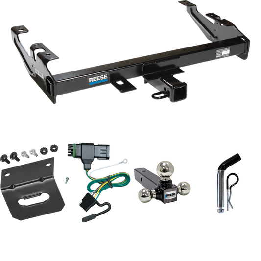 Fits 1988-2000 GMC C3500 Trailer Hitch Tow PKG w/ 4-Flat Wiring Harness + Triple Ball Ball Mount 1-7/8" & 2" & 2-5/16" Trailer Balls + Pin/Clip + Wiring Bracket By Reese Towpower