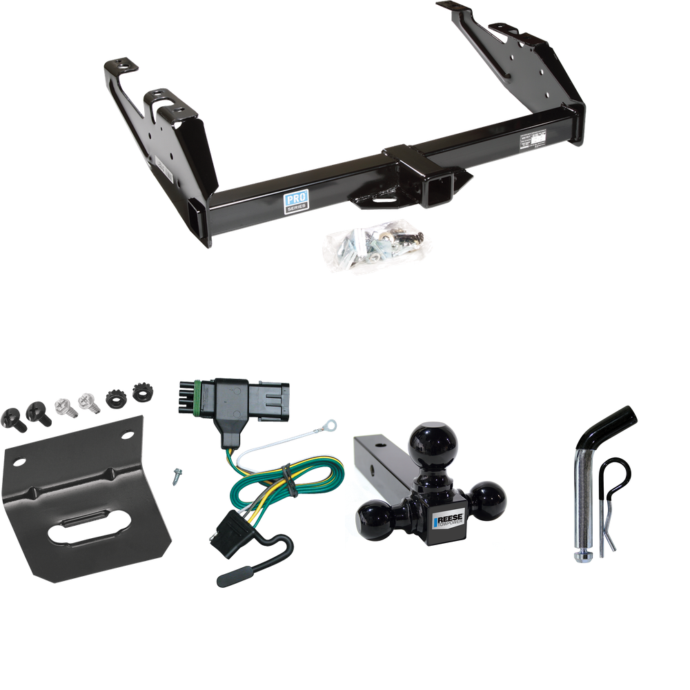 Fits 1988-2000 Chevrolet K3500 Trailer Hitch Tow PKG w/ 4-Flat Wiring Harness + Triple Ball Ball Mount 1-7/8" & 2" & 2-5/16" Trailer Balls + Pin/Clip + Wiring Bracket (For Regular & Extended Cab Models) By Reese Towpower