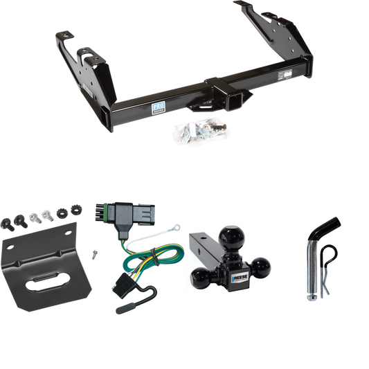 Fits 1988-2000 Chevrolet K3500 Trailer Hitch Tow PKG w/ 4-Flat Wiring Harness + Triple Ball Ball Mount 1-7/8" & 2" & 2-5/16" Trailer Balls + Pin/Clip + Wiring Bracket (For Regular & Extended Cab Models) By Reese Towpower