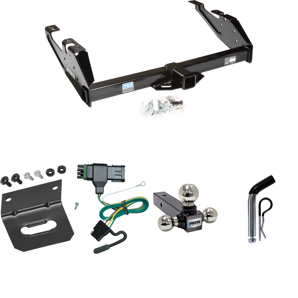 Fits 1988-2000 Chevrolet C3500 Trailer Hitch Tow PKG w/ 4-Flat Wiring Harness + Triple Ball Ball Mount 1-7/8" & 2" & 2-5/16" Trailer Balls + Pin/Clip + Wiring Bracket (For Regular & Extended Cabs Models) By Reese Towpower