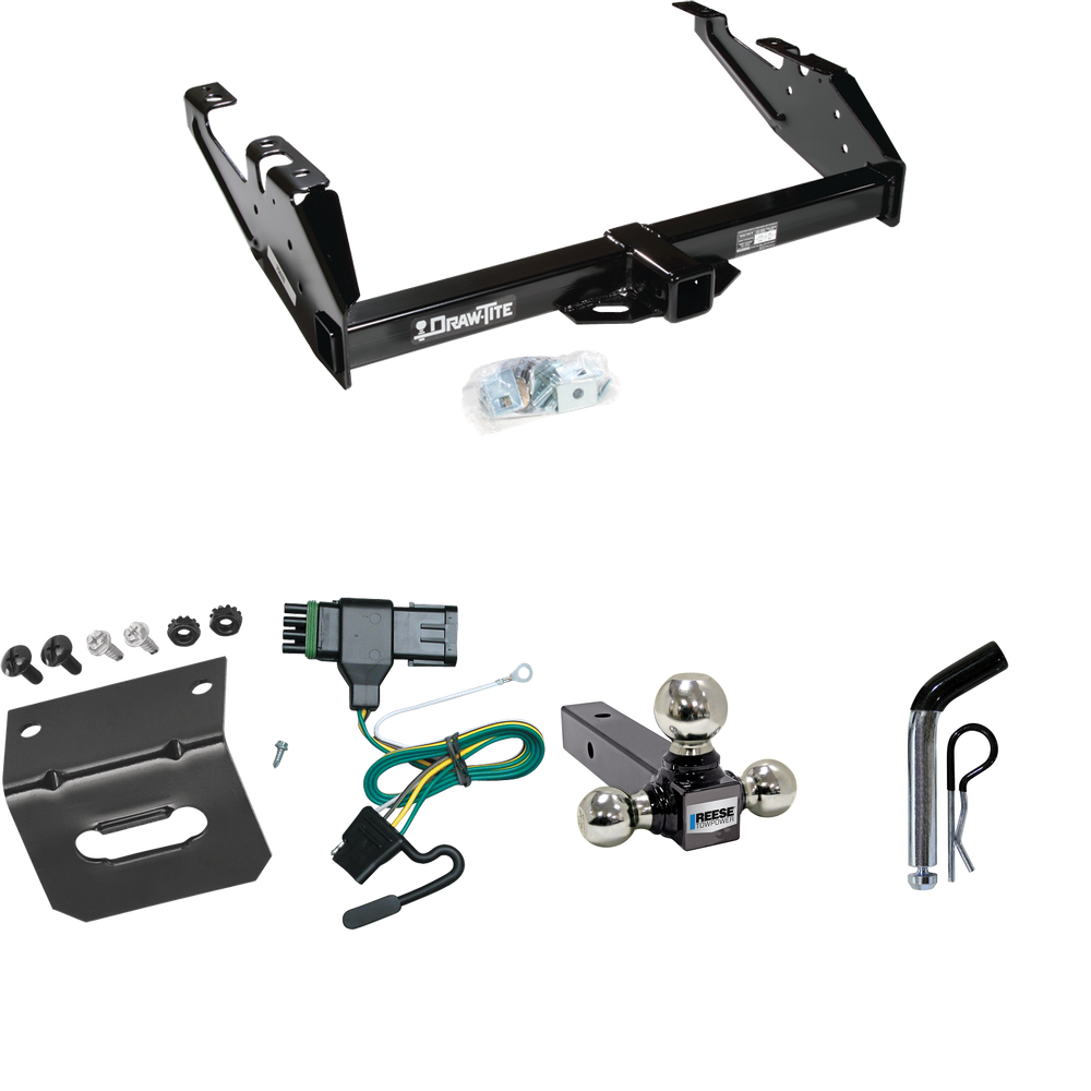 Fits 1988-2000 GMC C2500 Trailer Hitch Tow PKG w/ 4-Flat Wiring Harness + Triple Ball Ball Mount 1-7/8" & 2" & 2-5/16" Trailer Balls + Pin/Clip + Wiring Bracket By Draw-Tite