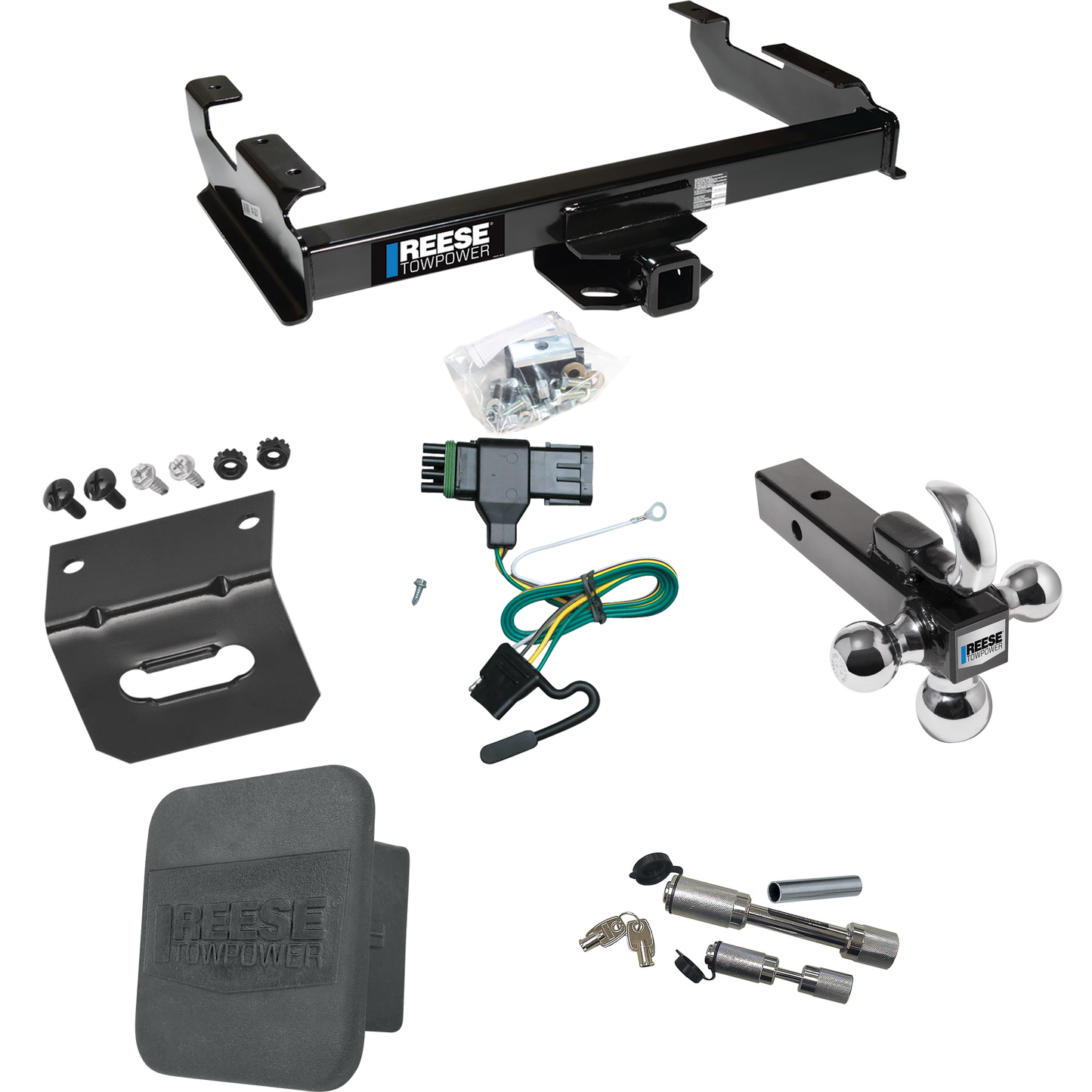 Fits 1988-1999 Chevrolet K1500 Trailer Hitch Tow PKG w/ 4-Flat Wiring Harness + Triple Ball Ball Mount 1-7/8" & 2" & 2-5/16" Trailer Balls w/ Tow Hook + Dual Hitch & Coupler Locks + Hitch Cover + Wiring Bracket By Reese Towpower