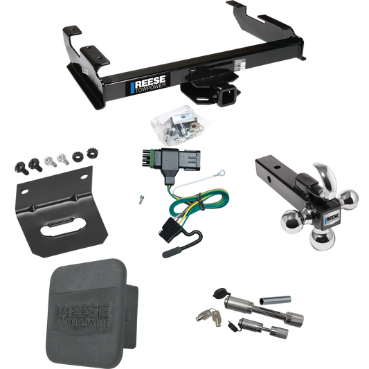 Fits 1988-1999 Chevrolet K1500 Trailer Hitch Tow PKG w/ 4-Flat Wiring Harness + Triple Ball Ball Mount 1-7/8" & 2" & 2-5/16" Trailer Balls w/ Tow Hook + Dual Hitch & Coupler Locks + Hitch Cover + Wiring Bracket By Reese Towpower