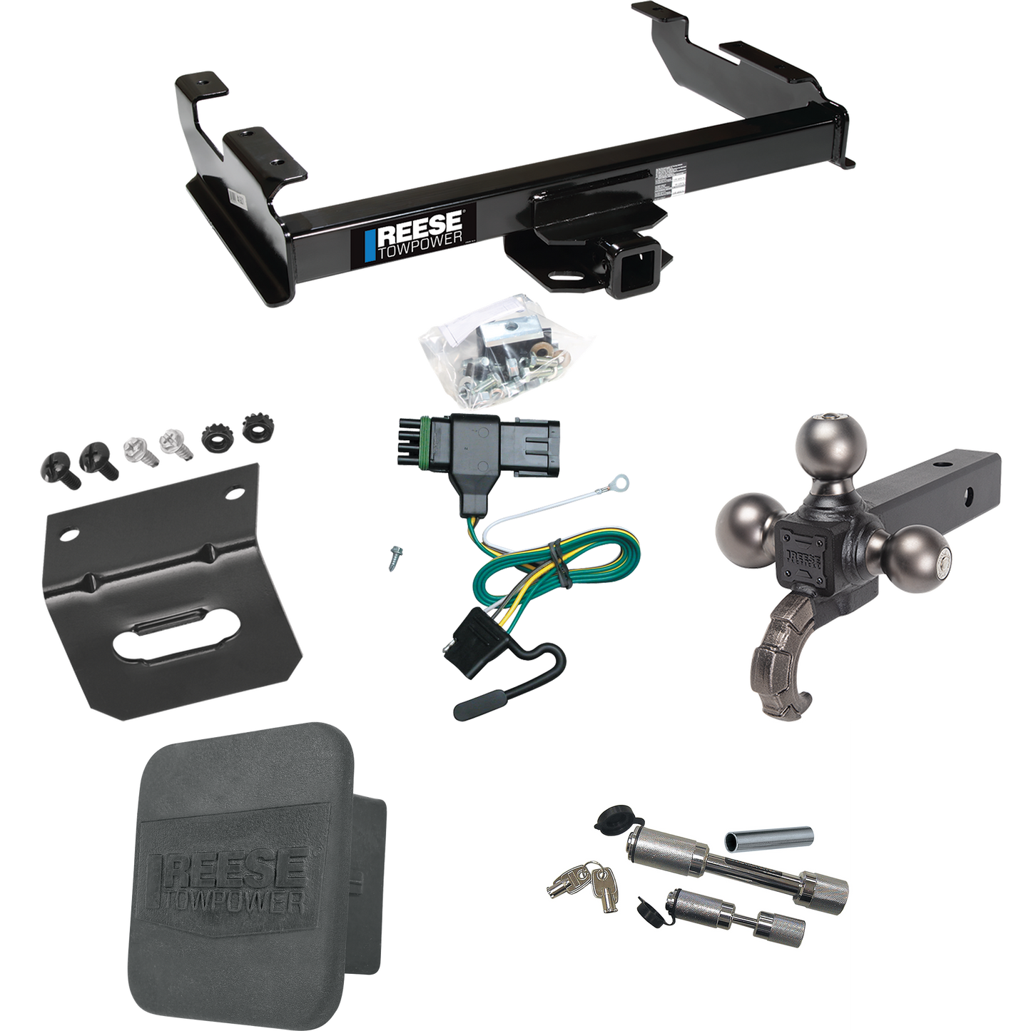 Fits 1988-2000 GMC K3500 Trailer Hitch Tow PKG w/ 4-Flat Wiring Harness + Triple Ball Ball Mount 1-7/8" & 2" & 2-5/16" Trailer Balls w/ Tow Hook + Dual Hitch & Coupler Locks + Hitch Cover + Wiring Bracket By Reese Towpower