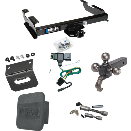 Fits 1988-2000 GMC K3500 Trailer Hitch Tow PKG w/ 4-Flat Wiring Harness + Triple Ball Ball Mount 1-7/8" & 2" & 2-5/16" Trailer Balls w/ Tow Hook + Dual Hitch & Coupler Locks + Hitch Cover + Wiring Bracket By Reese Towpower