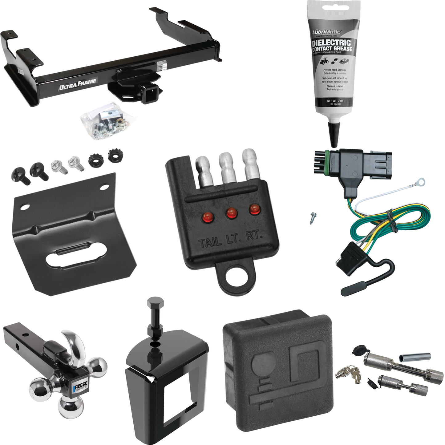 Fits 1988-1999 Chevrolet C1500 Trailer Hitch Tow PKG w/ 4-Flat Wiring Harness + Triple Ball Ball Mount 1-7/8" & 2" & 2-5/16" Trailer Balls w/ Tow Hook + Dual Hitch & Coupler Locks + Hitch Cover + Wiring Bracket + Wiring Tester + Electric Grease + Ant