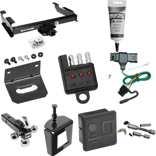 Fits 1988-2000 GMC C2500 Trailer Hitch Tow PKG w/ 4-Flat Wiring Harness + Triple Ball Ball Mount 1-7/8" & 2" & 2-5/16" Trailer Balls w/ Tow Hook + Dual Hitch & Coupler Locks + Hitch Cover + Wiring Bracket + Wiring Tester + Electric Grease + Anti Ratt