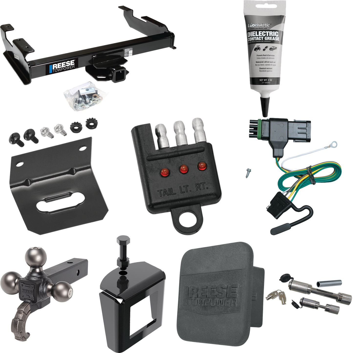 Fits 1988-1999 GMC K1500 Trailer Hitch Tow PKG w/ 4-Flat Wiring Harness + Triple Ball Ball Mount 1-7/8" & 2" & 2-5/16" Trailer Balls w/ Tow Hook + Dual Hitch & Coupler Locks + Hitch Cover + Wiring Bracket + Wiring Tester + Electric Grease + Anti Ratt