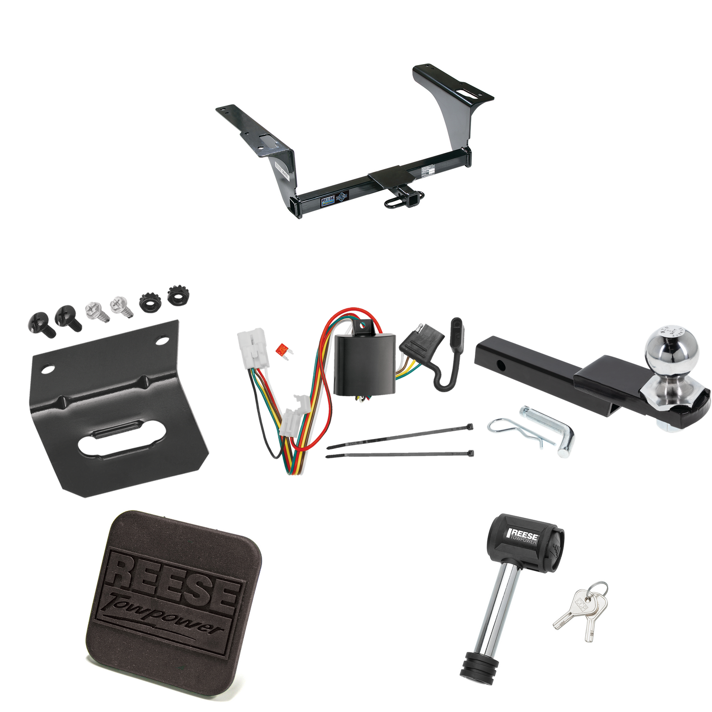 Fits 2010-2019 Subaru Outback Trailer Hitch Tow PKG w/ 4-Flat Wiring Harness + Interlock Starter Kit w/ 2" Ball 1-1/4" Drop 3/4" Rise + Wiring Bracket + Hitch Cover + Hitch Lock (For Wagon, Except Sport Models) By Reese Towpower