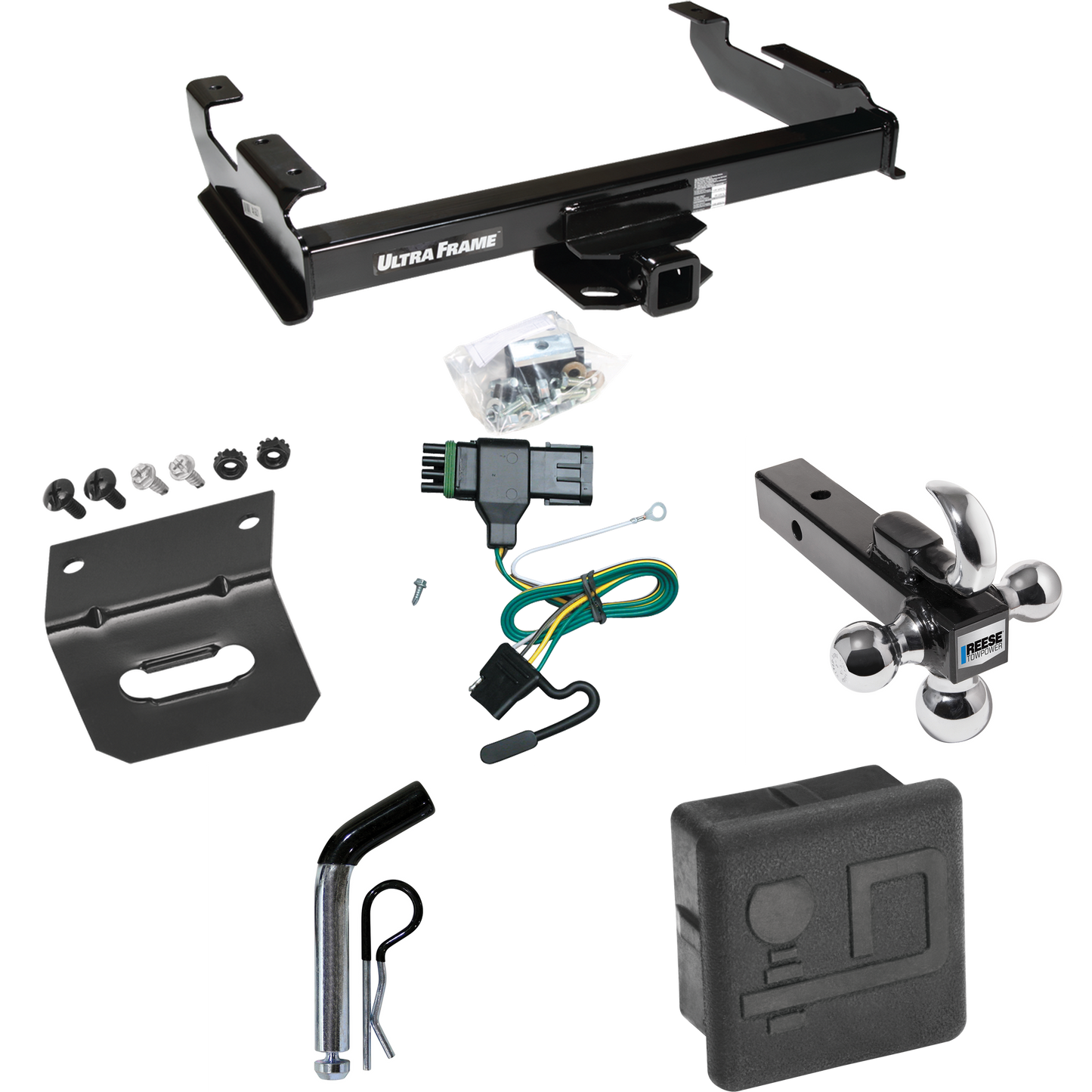 Fits 1992-2000 Chevrolet K3500 Trailer Hitch Tow PKG w/ 4-Flat Wiring Harness + Triple Ball Ball Mount 1-7/8" & 2" & 2-5/16" Trailer Balls w/ Tow Hook + Pin/Clip + Hitch Cover + Wiring Bracket (For Crew Cab Models) By Draw-Tite