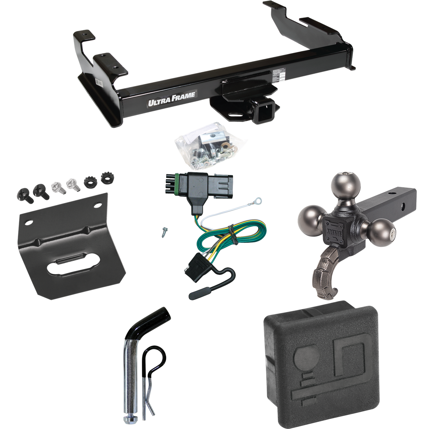 Fits 1988-1999 Chevrolet C1500 Trailer Hitch Tow PKG w/ 4-Flat Wiring Harness + Triple Ball Ball Mount 1-7/8" & 2" & 2-5/16" Trailer Balls w/ Tow Hook + Pin/Clip + Hitch Cover + Wiring Bracket By Draw-Tite