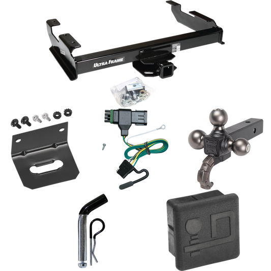 Fits 1988-1999 Chevrolet C1500 Trailer Hitch Tow PKG w/ 4-Flat Wiring Harness + Triple Ball Ball Mount 1-7/8" & 2" & 2-5/16" Trailer Balls w/ Tow Hook + Pin/Clip + Hitch Cover + Wiring Bracket By Draw-Tite
