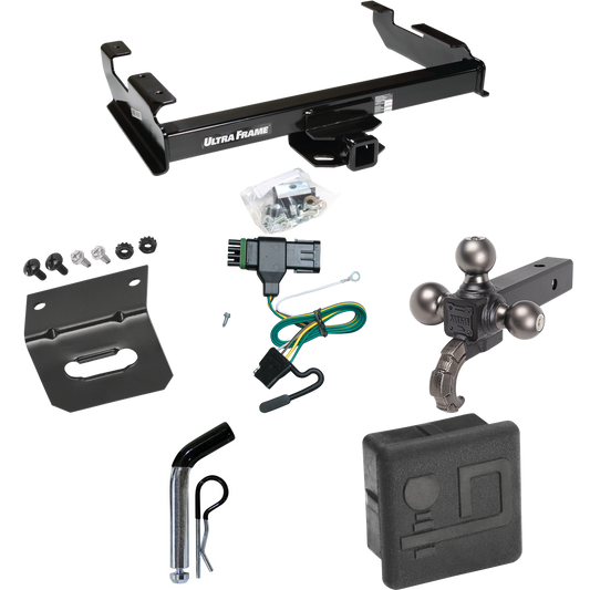 Fits 1988-2000 Chevrolet K3500 Trailer Hitch Tow PKG w/ 4-Flat Wiring Harness + Triple Ball Ball Mount 1-7/8" & 2" & 2-5/16" Trailer Balls w/ Tow Hook + Pin/Clip + Hitch Cover + Wiring Bracket (For Regular & Extended Cabs Models) By Draw-Tite