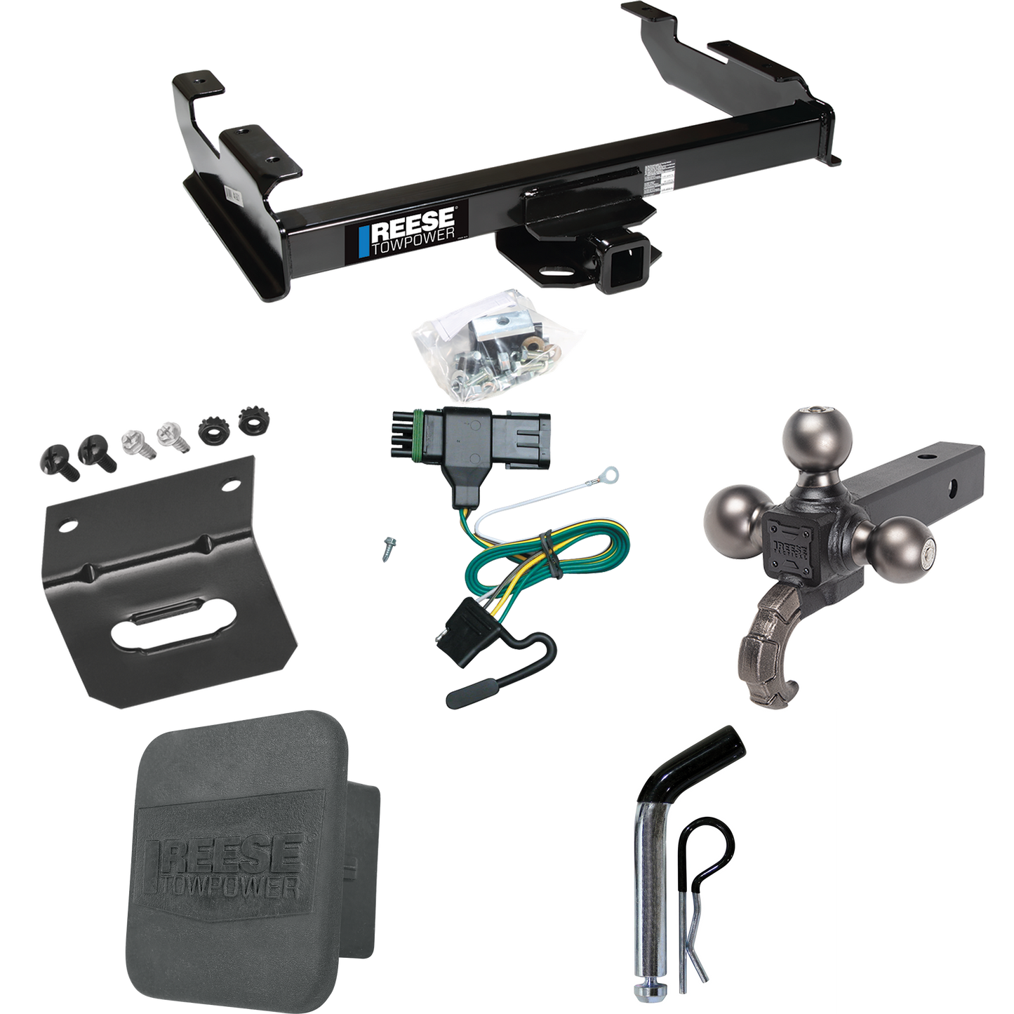 Fits 1988-2000 Chevrolet K3500 Trailer Hitch Tow PKG w/ 4-Flat Wiring Harness + Triple Ball Ball Mount 1-7/8" & 2" & 2-5/16" Trailer Balls w/ Tow Hook + Pin/Clip + Hitch Cover + Wiring Bracket (For Regular & Extended Cabs Models) By Reese Towpower