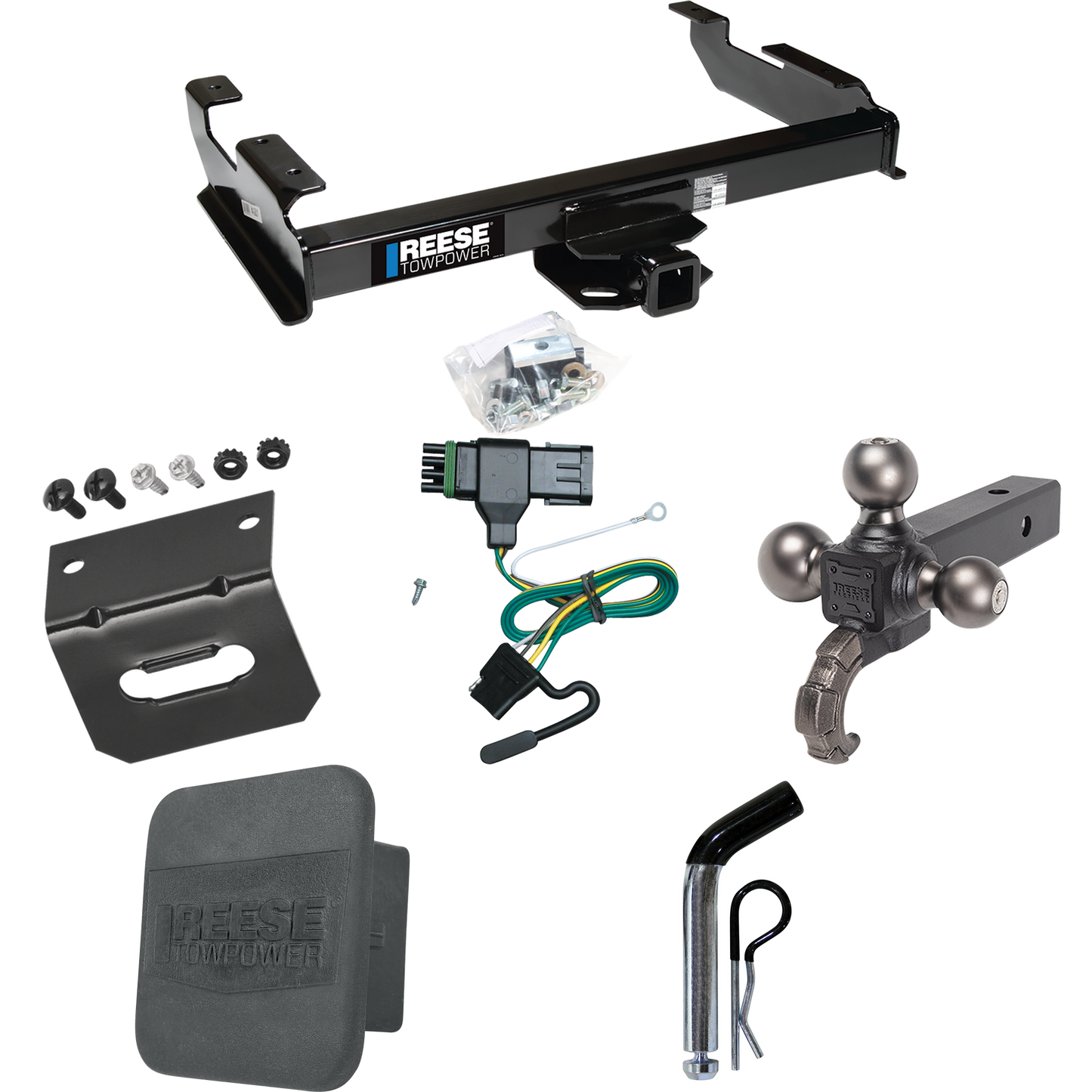 Fits 1988-1999 Chevrolet C1500 Trailer Hitch Tow PKG w/ 4-Flat Wiring Harness + Triple Ball Ball Mount 1-7/8" & 2" & 2-5/16" Trailer Balls w/ Tow Hook + Pin/Clip + Hitch Cover + Wiring Bracket By Reese Towpower