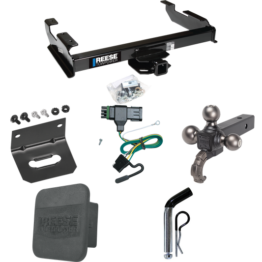 Fits 1988-2000 Chevrolet K3500 Trailer Hitch Tow PKG w/ 4-Flat Wiring Harness + Triple Ball Ball Mount 1-7/8" & 2" & 2-5/16" Trailer Balls w/ Tow Hook + Pin/Clip + Hitch Cover + Wiring Bracket (For Regular & Extended Cabs Models) By Reese Towpower