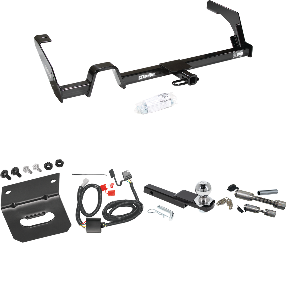 Fits 2000-2004 Subaru Outback Trailer Hitch Tow PKG w/ 4-Flat Wiring Harness + Interlock Starter Kit w/ 2" Ball 1-1/4" Drop 3/4" Rise + Wiring Bracket + Dual Hitch & Coupler Locks (For Wagon, Except Sport Models) By Draw-Tite