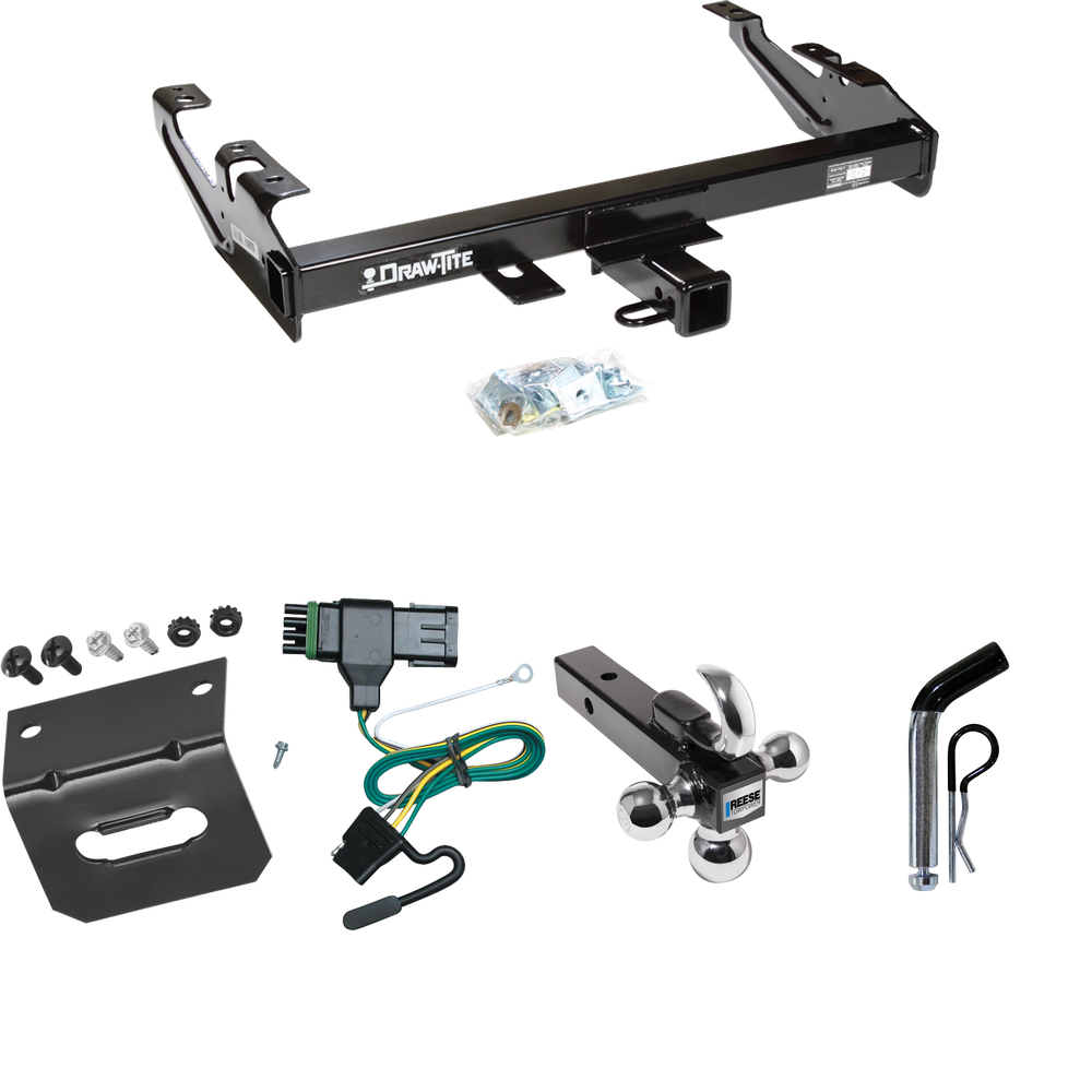 Fits 1988-1999 Chevrolet C2500 Trailer Hitch Tow PKG w/ 4-Flat Wiring Harness + Triple Ball Ball Mount 1-7/8" & 2" & 2-5/16" Trailer Balls w/ Tow Hook + Pin/Clip + Wiring Bracket (For Regular & Extended Cabs Models) By Draw-Tite