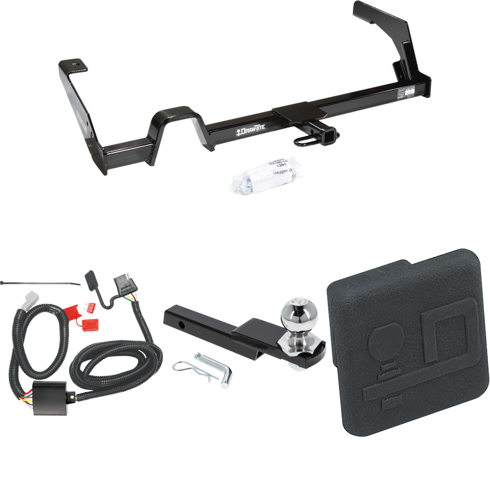 Fits 2000-2004 Subaru Outback Trailer Hitch Tow PKG w/ 4-Flat Wiring Harness + Interlock Starter Kit w/ 2" Ball 1-1/4" Drop 3/4" Rise + Hitch Cover (For Wagon, Except Sport Models) By Draw-Tite