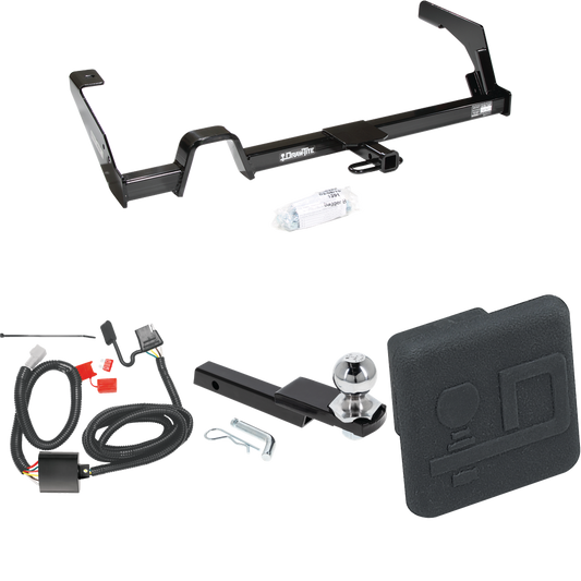 Fits 2000-2004 Subaru Outback Trailer Hitch Tow PKG w/ 4-Flat Wiring Harness + Interlock Starter Kit w/ 2" Ball 1-1/4" Drop 3/4" Rise + Hitch Cover (For Wagon, Except Sport Models) By Draw-Tite