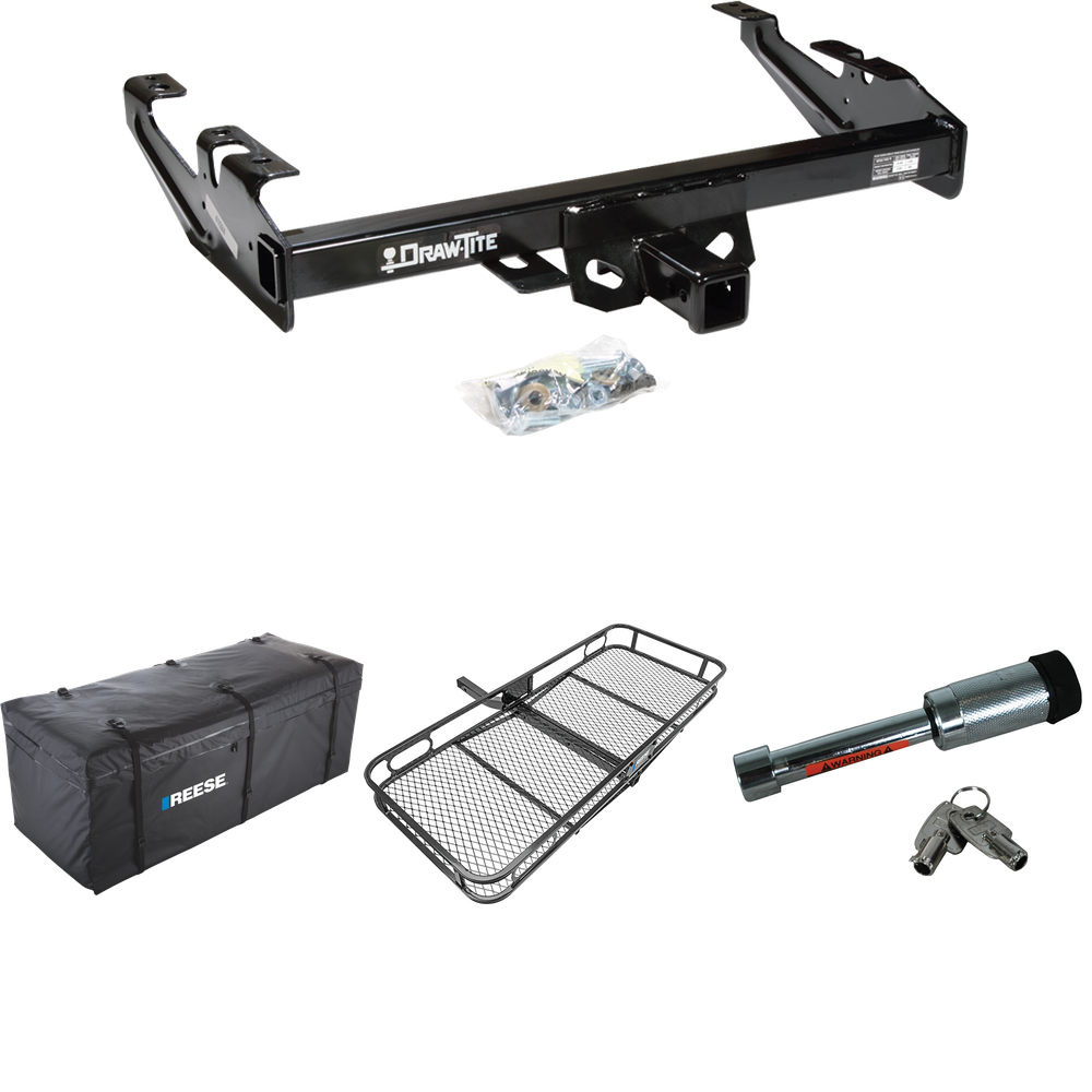 Fits 1992-2000 Chevrolet C3500 Trailer Hitch Tow PKG w/ 60" x 24" Cargo Carrier + Cargo Bag + Hitch Lock (For Crew Cab Models) By Draw-Tite